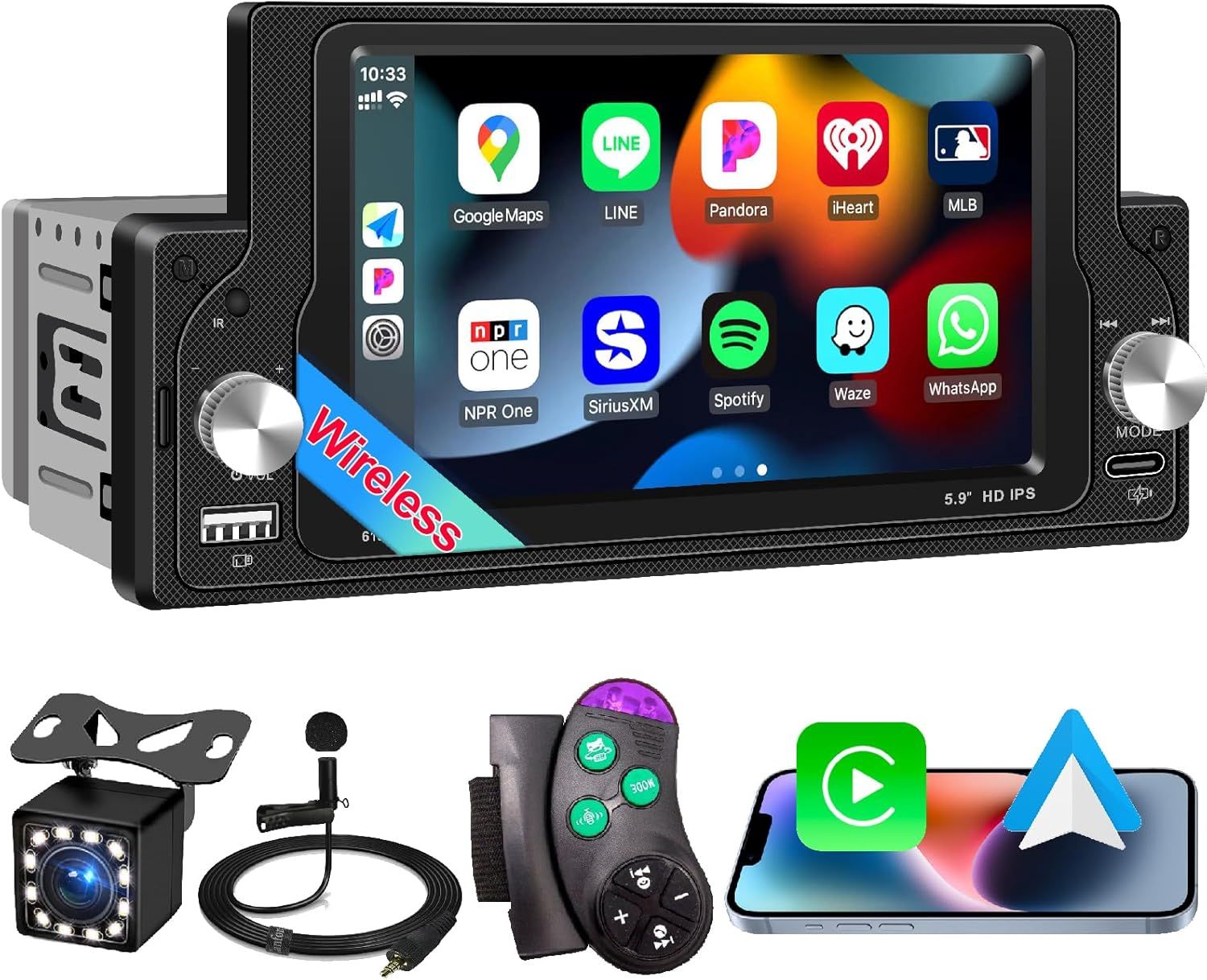 Wireless Apple CarPlay Single Din Car Radio with 5.9&quot; IPS Touchscreen, Bluetooth &amp; Backup Camera