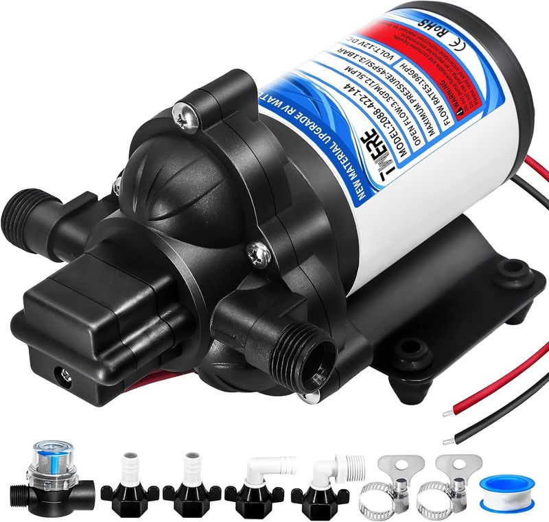 12V RV Water Pump 45 PSI Diaphragm Pump, 3.3 GPM Fresh Water System for RV &amp; Marine