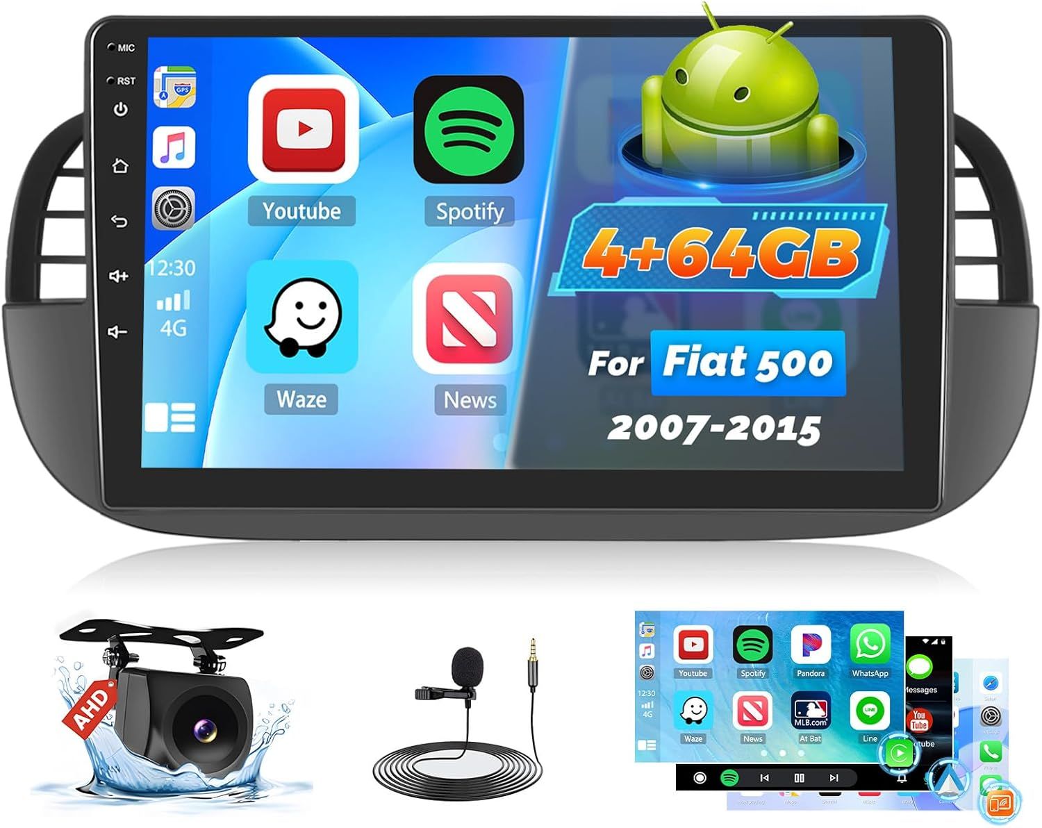 Fiat 500 2007-2015 9" Touchscreen Stereo with Wireless CarPlay, Bluetooth &amp; Backup Camera