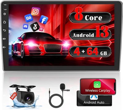 8 Core 4+64GB 9" Android Double Din Car Stereo with Wireless CarPlay, Android Auto + Backup Camera