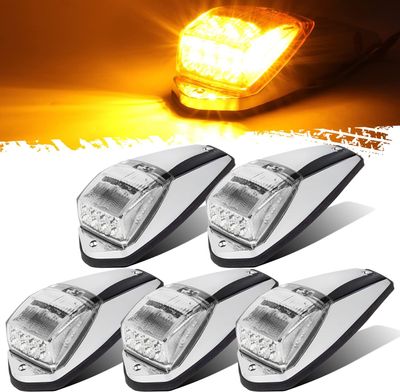 5pcs Amber LED Cab Marker Roof Lights Clear Lens Chrome Base For Universal Semi-Trucks