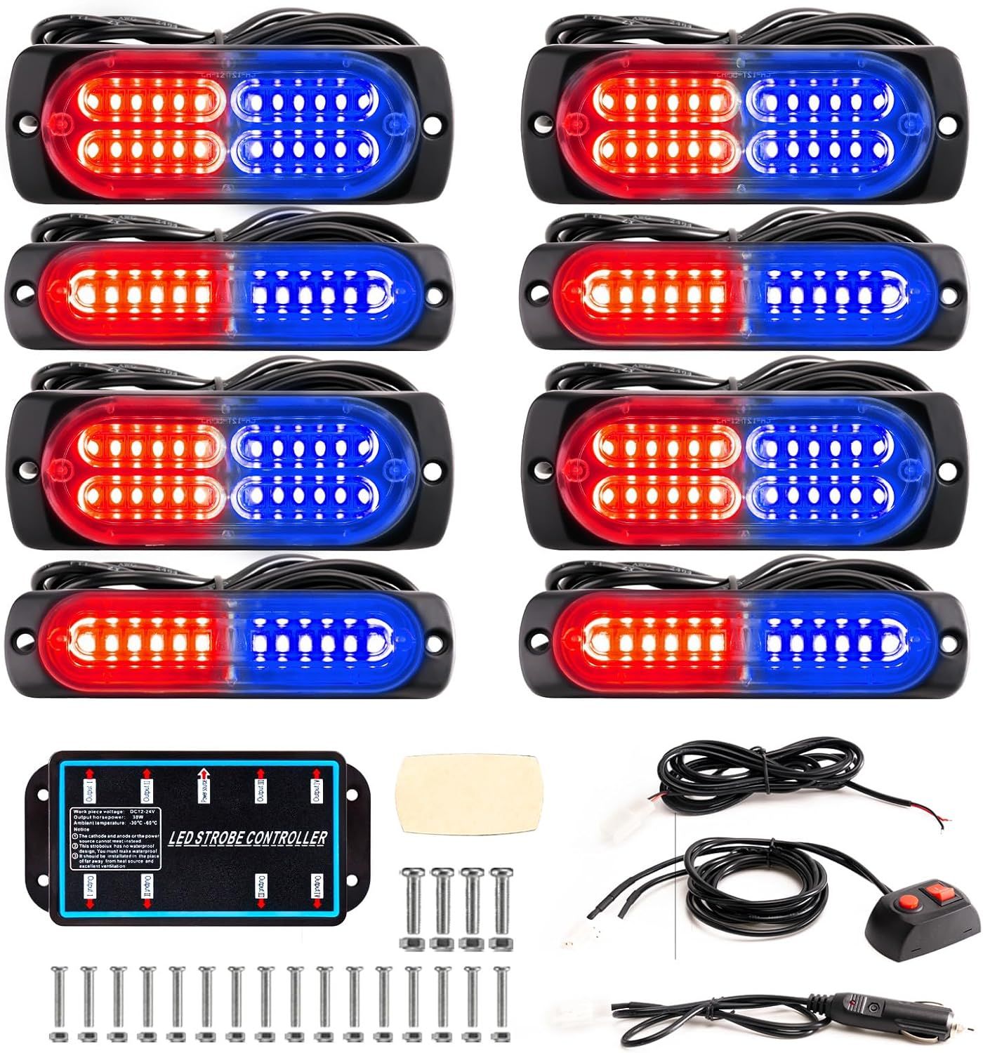 8pcs LED Emergency Strobe Lights Ultra Slim Surface Mount Red &amp; Blue with Controller