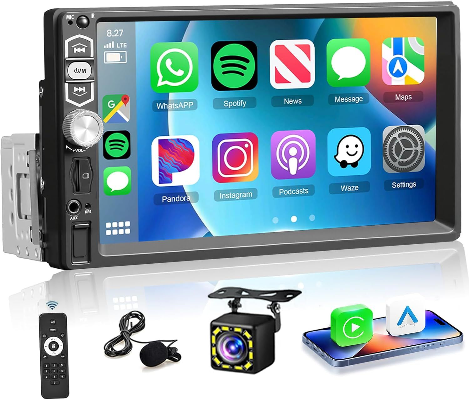 Single Din Car Stereo 7” Touch Screen with CarPlay, Android Auto, Bluetooth &amp; Backup Camera