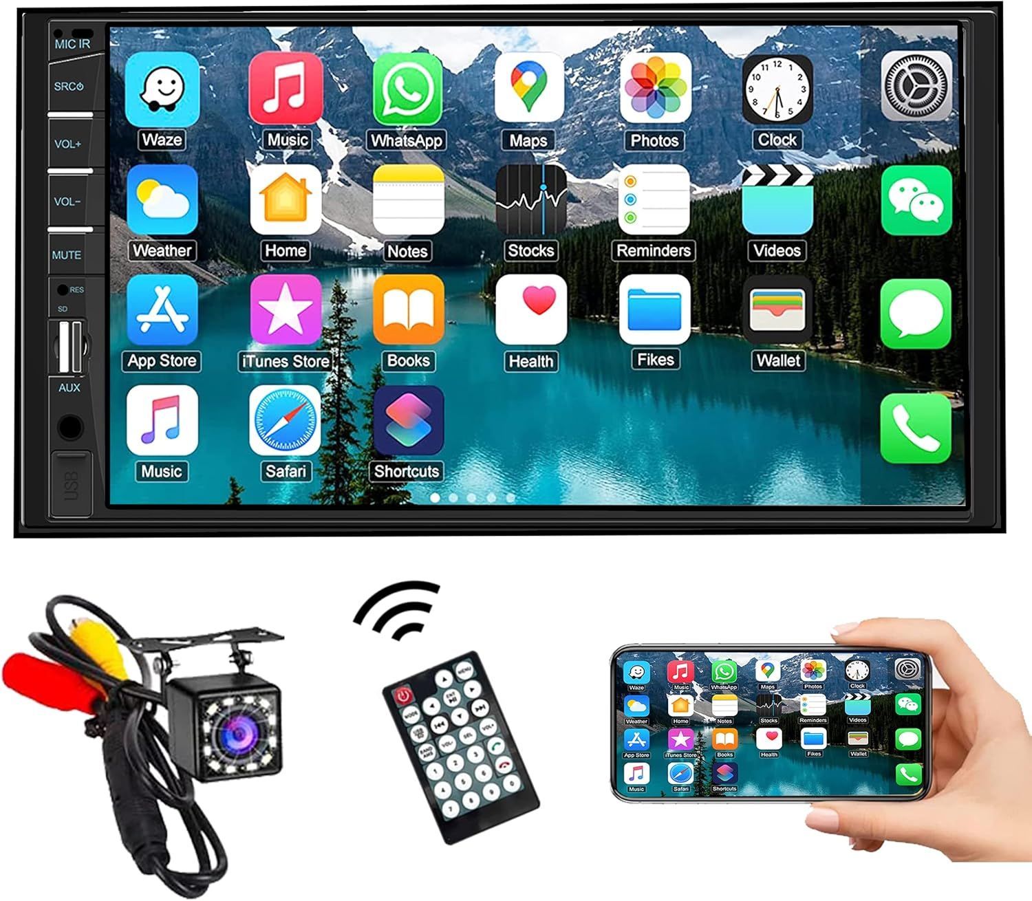 Double Din Car Stereo 7” Touchscreen with Mirror Link, Bluetooth &amp; Backup Camera