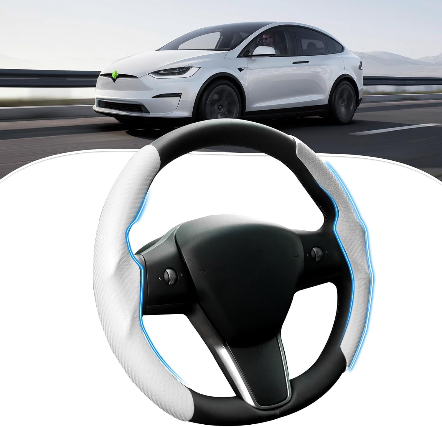 Steering Wheel Cover for Tesla Model 3/Model Y Carbon Fiber Steering Wheel Cover Protector (White).