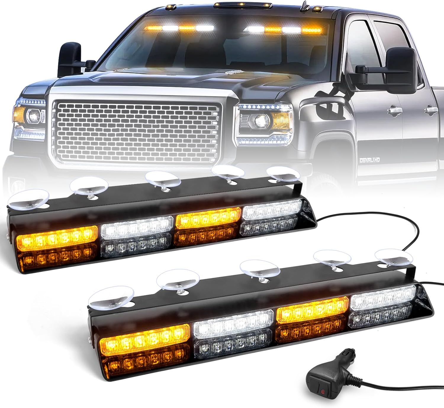 Emergency Dash Strobe Lights – 48 LED Amber/White Flashing Safety Bars for Trucks &amp; Construction Vehicles