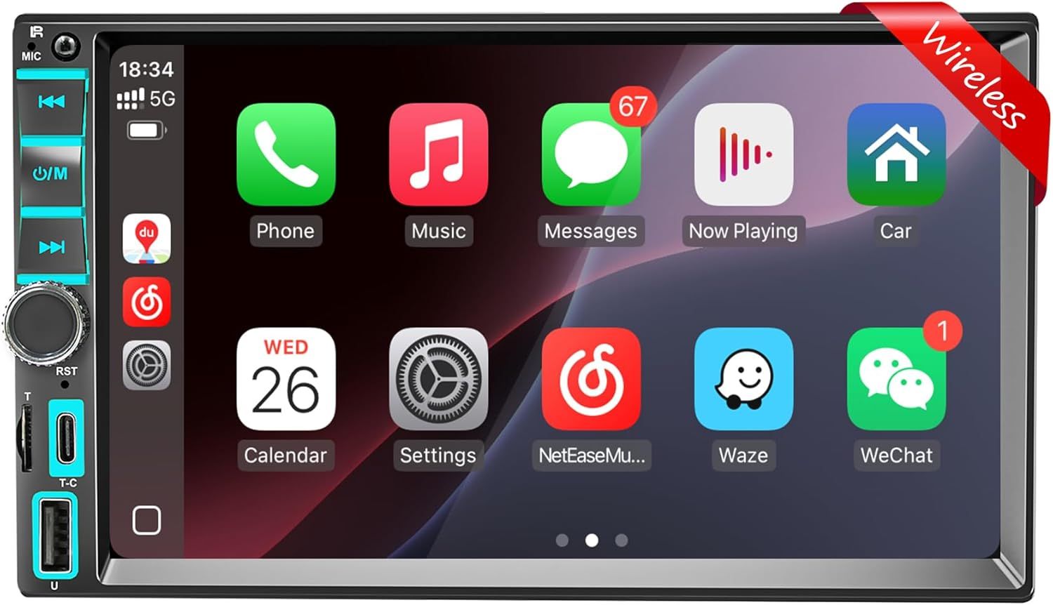 7" Wireless Apple CarPlay &amp; Android Auto Double Din Stereo – 240W Touchscreen Radio