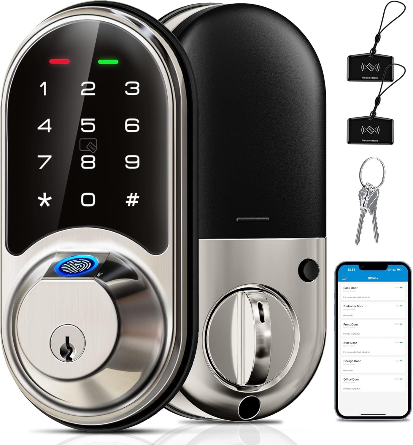 Smart Door Lock With Fingerprint &amp; Touchscreen Keypad 7 in 1 Keyless Entry Deadbolt Satin Nickel