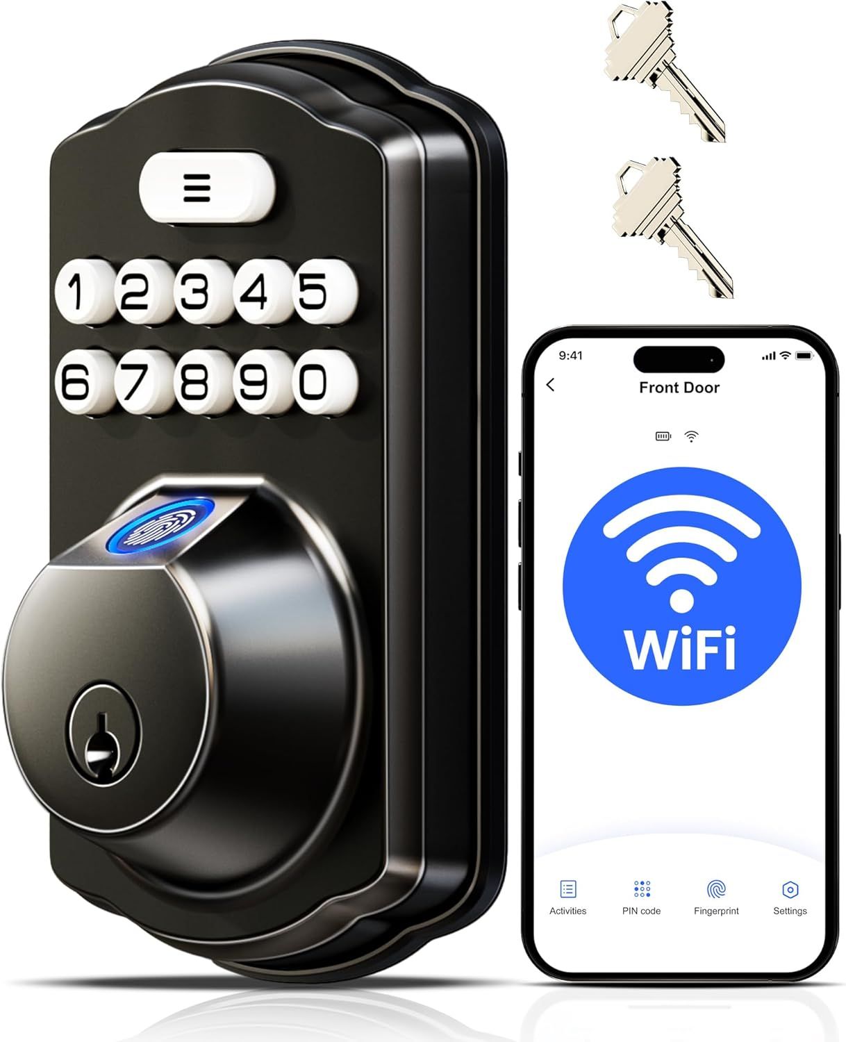 WiFi Smart Fingerprint Door Lock with Keypad App Controlled Deadbolt (Matte Black)