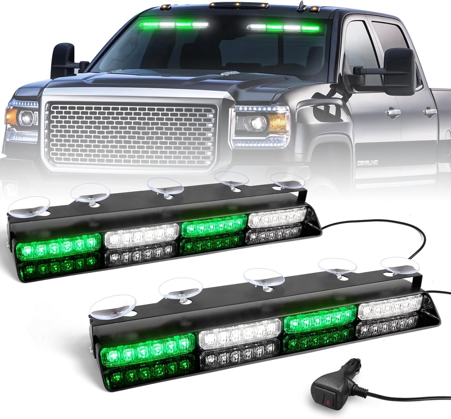Emergency Dash Strobe Lights – 48 LED Green White Warning Light Bars (2 Pack) for Trucks