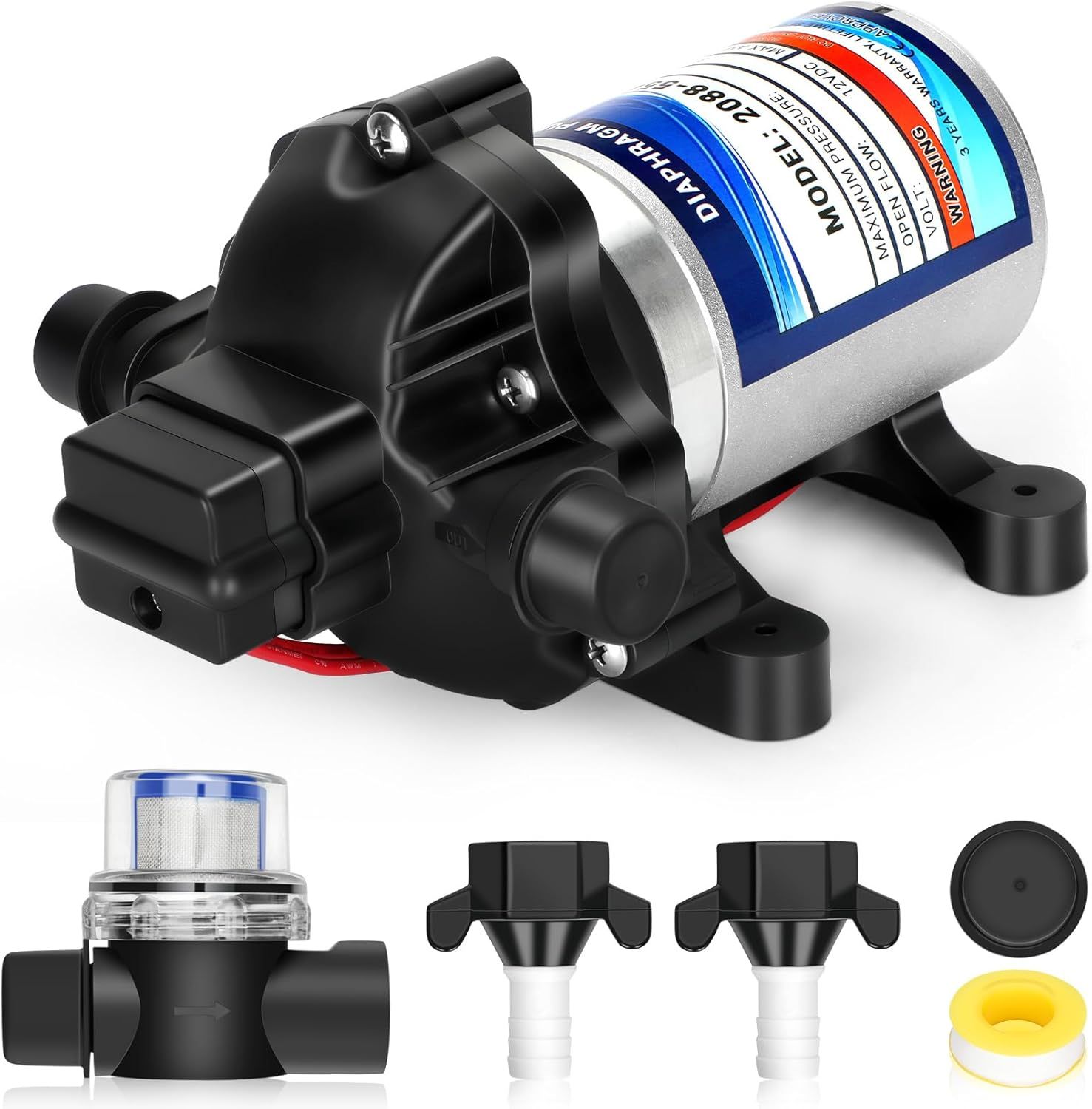 12V Diaphragm Water Pump with Filter for RVs, Boat, Camper and Travel Trailers