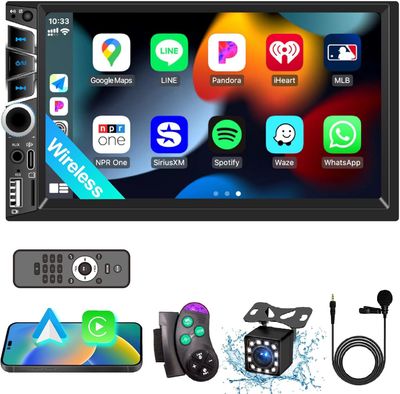7” Double Din Car Stereo with Wireless CarPlay – Bluetooth 5.2, GPS, Backup Camera &amp; Touchscreen