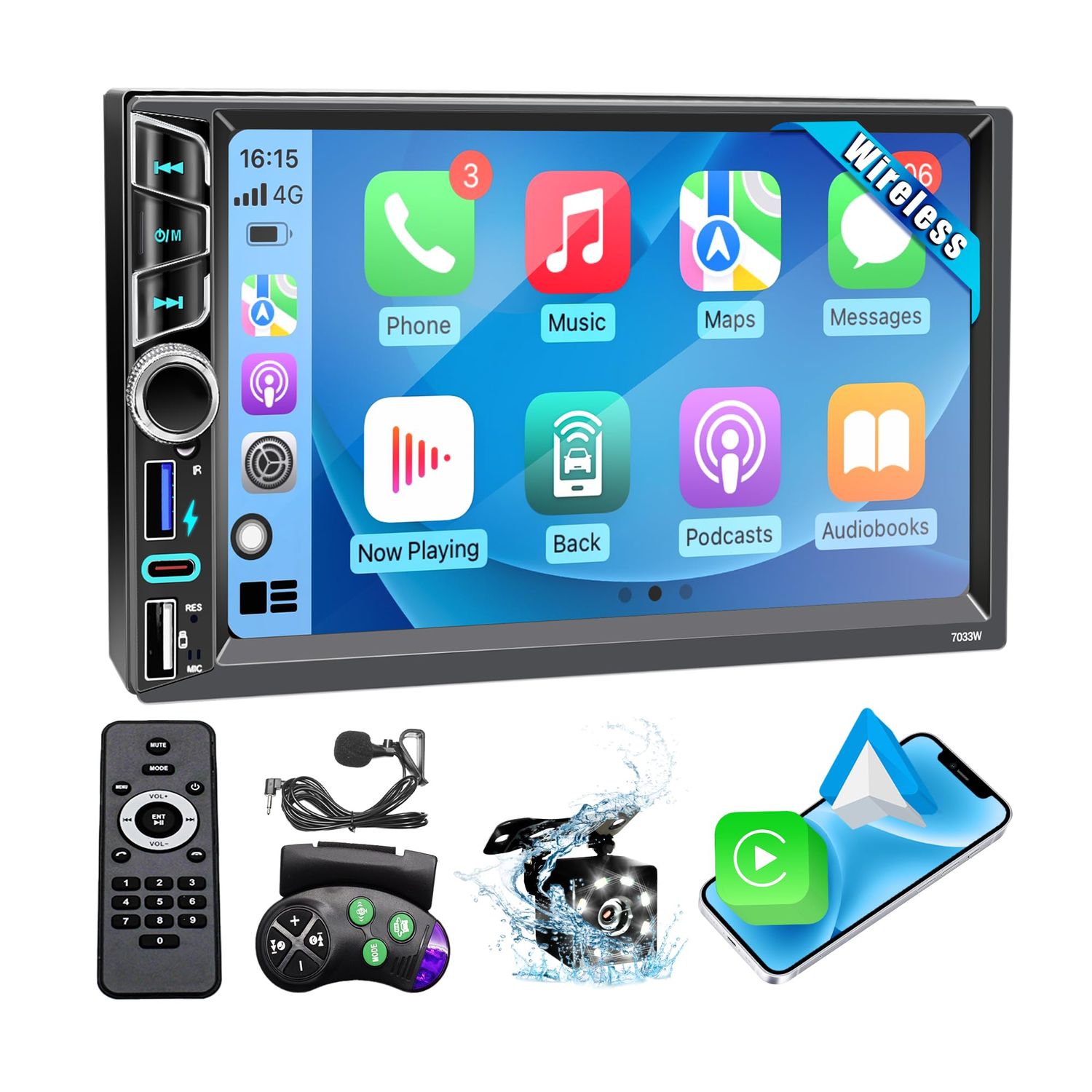 7 Inch Double Din Stereo with Wireless CarPlay, Android Auto &amp; Backup Camera