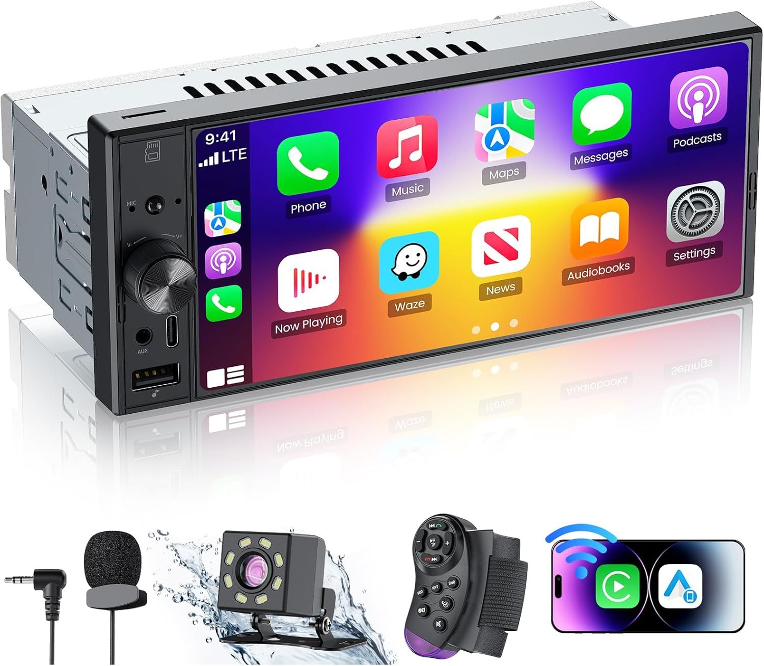Single DIN 6.9” Car Radio with Touchscreen Bluetooth and Backup Camera