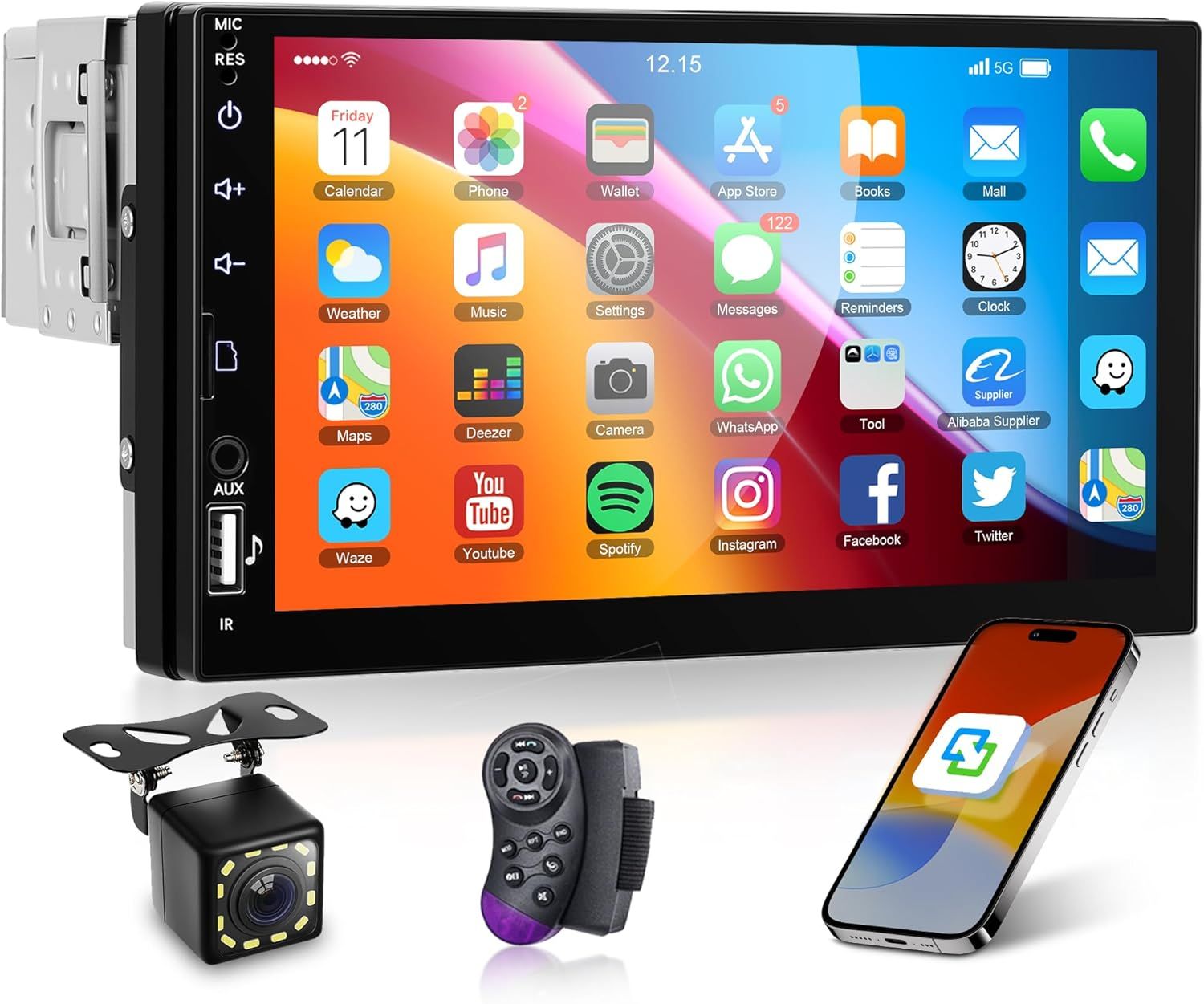 7 Inch Single Din Touch Screen Car Stereo with Apple CarPlay, Android Auto &amp; Backup Camera