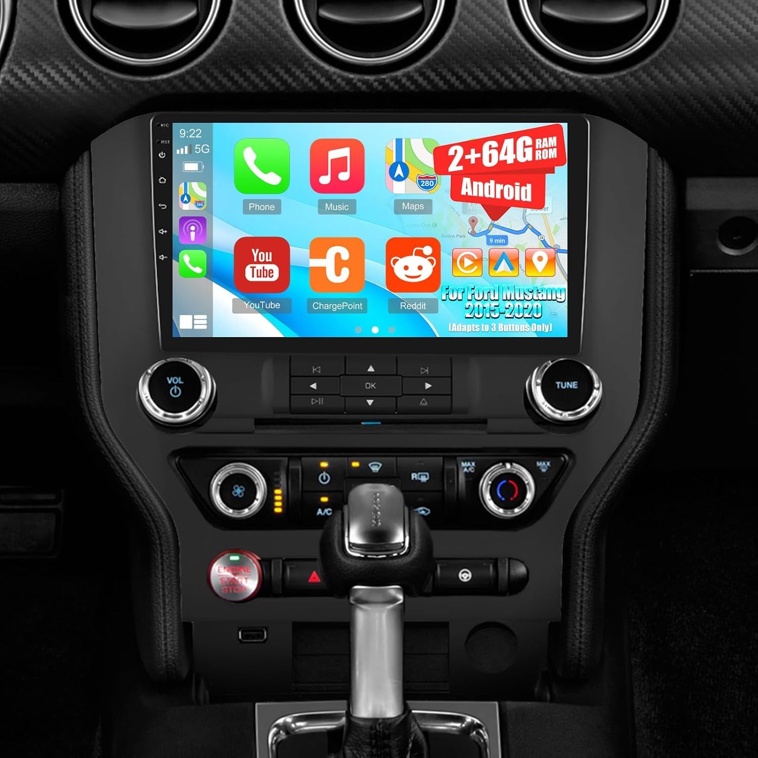 Ford Mustang 2015–2020 Car Radio 9in Display with Bluetooth, Wi-Fi, GPS &amp; Backup Camera