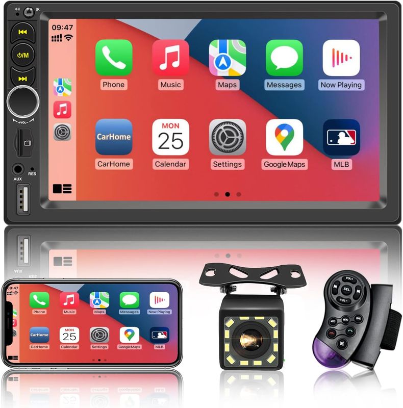 7 Inch Double Din Car Stereo Touchscreen Apple CarPlay, Bluetooth, GPS &amp; Backup Camera