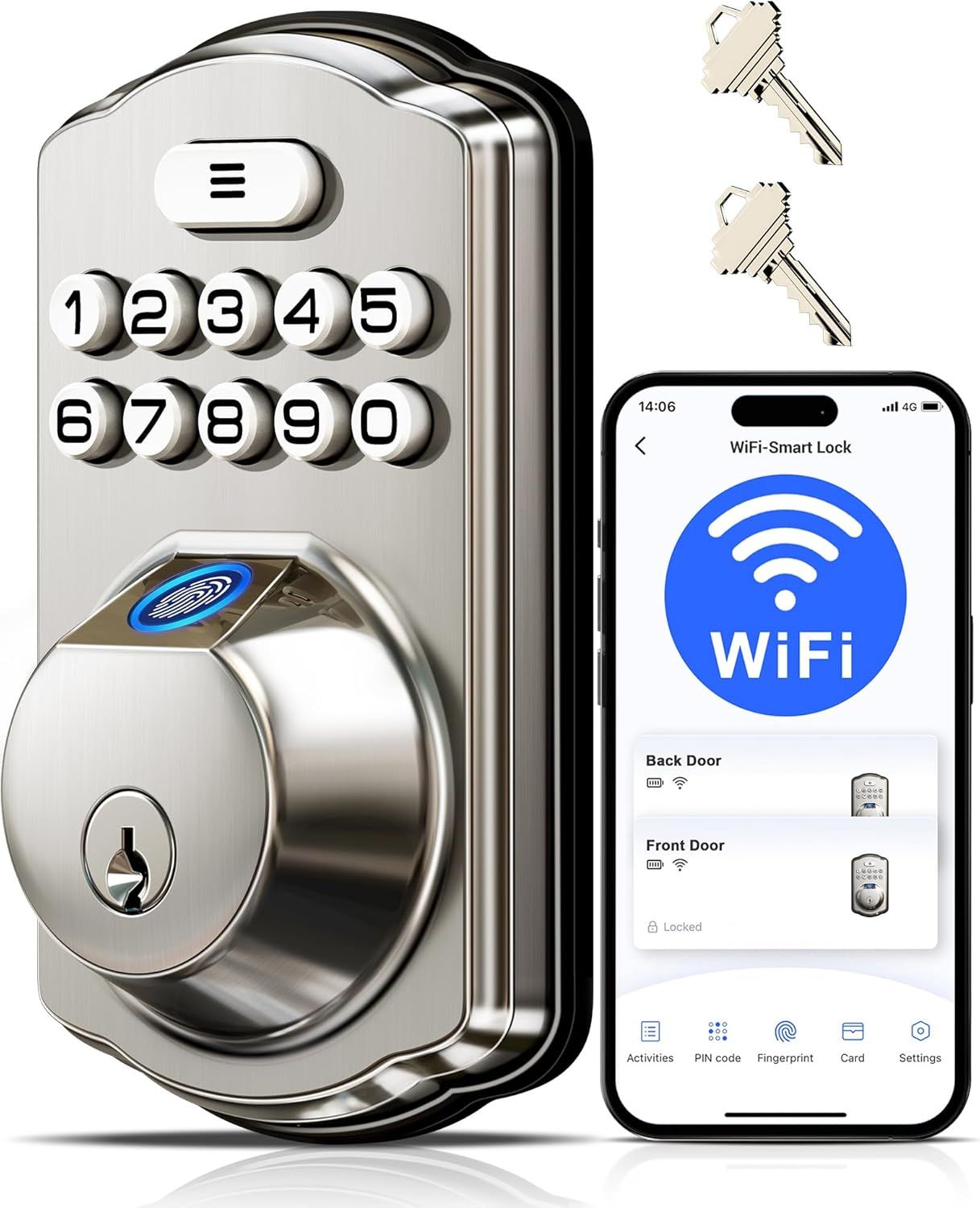 WiFi Fingerprint Door Lock Smart Deadbolt Auto Lock Waterproof ( Satin Nickel)