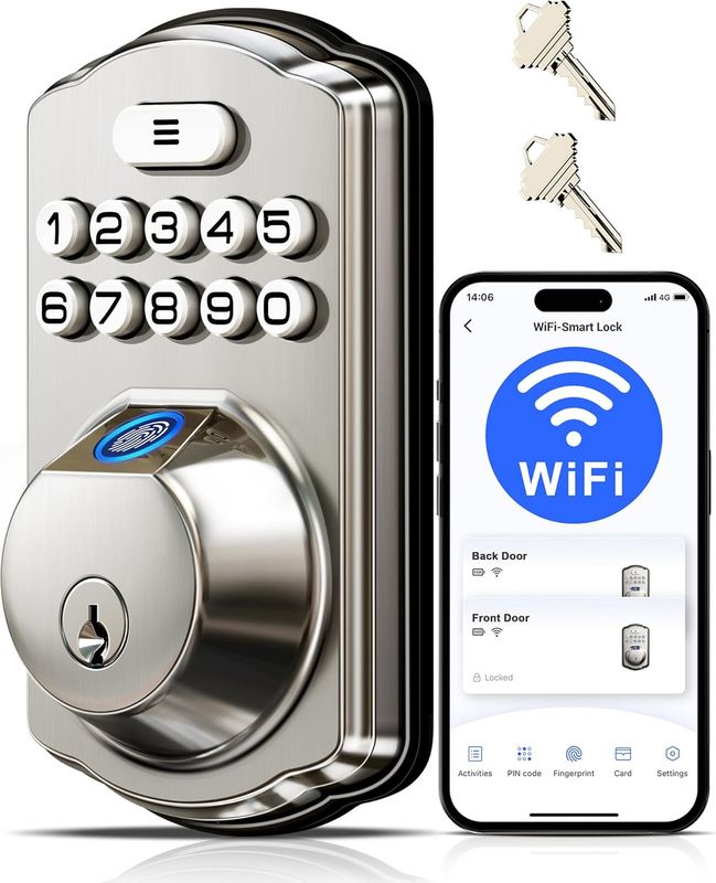 WiFi Fingerprint Door Lock Smart Deadbolt Auto Lock Waterproof ( Satin Nickel)