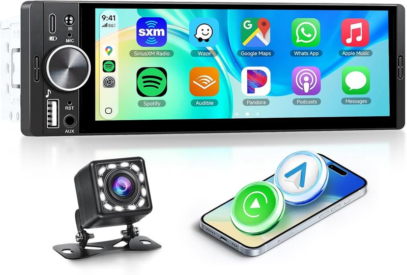 6.9 Inch Single DIN Wireless Car Stereo &amp; Android Auto With Bluetooth &amp; Backup Camera