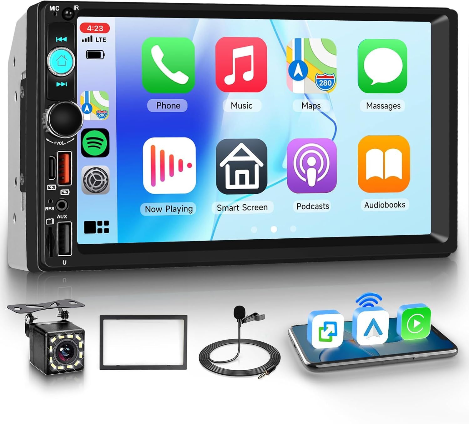 7 Inch Double Din Car Stereo with Bluetooth, Wireless CarPlay, Android Auto &amp; Backup Camera