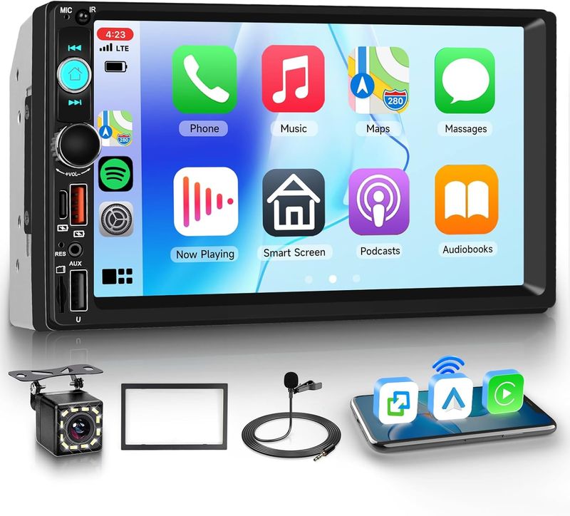 7 Inch Double Din Car Stereo with Bluetooth, Wireless CarPlay, Android Auto &amp; Backup Camera