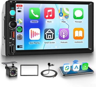 7 Inch Double Din Car Stereo with Bluetooth, Wireless CarPlay, Android Auto &amp; Backup Camera