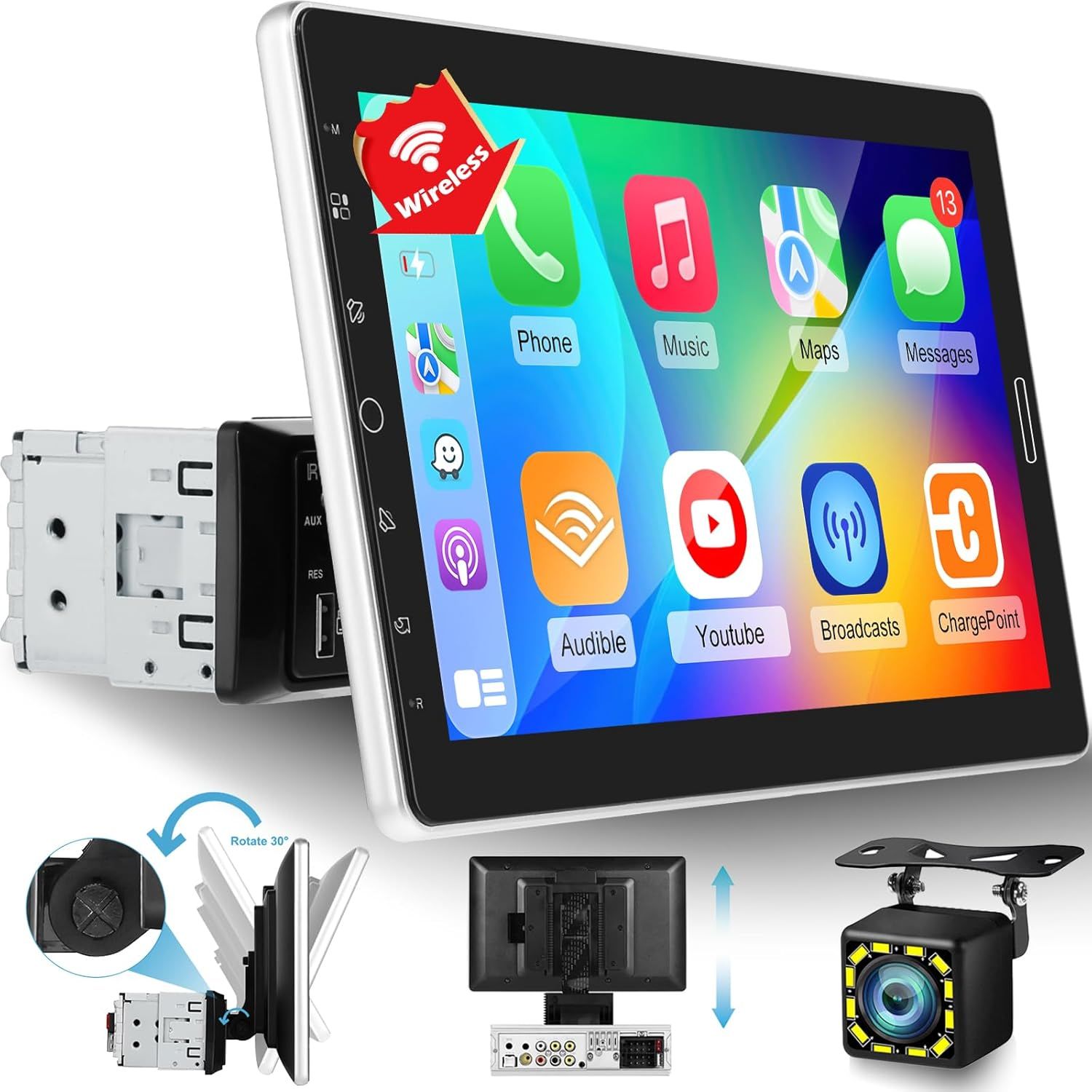 10.1 Inch Single Din Touchscreen Car Stereo with Wireless CarPlay, Android Auto &amp; Backup Camera