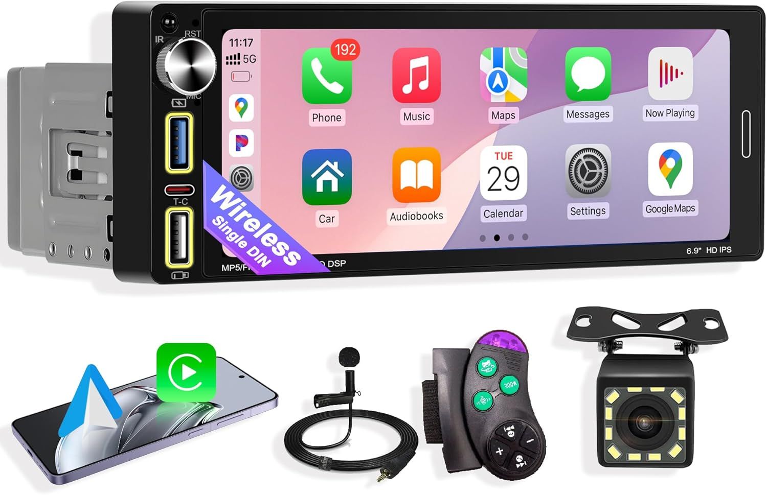 Single Din Car Stereo with Wireless CarPlay,  Android Auto and  Backup Camera