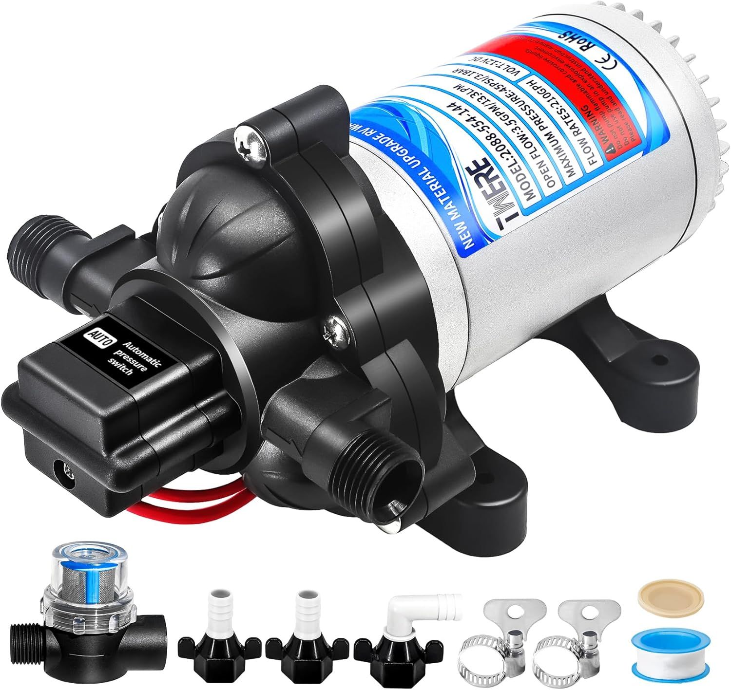 12V RV Water Pump 45 PSI  3.5 GPM Diaphragm Fresh Water Pump for RV, Marine &amp; Yacht