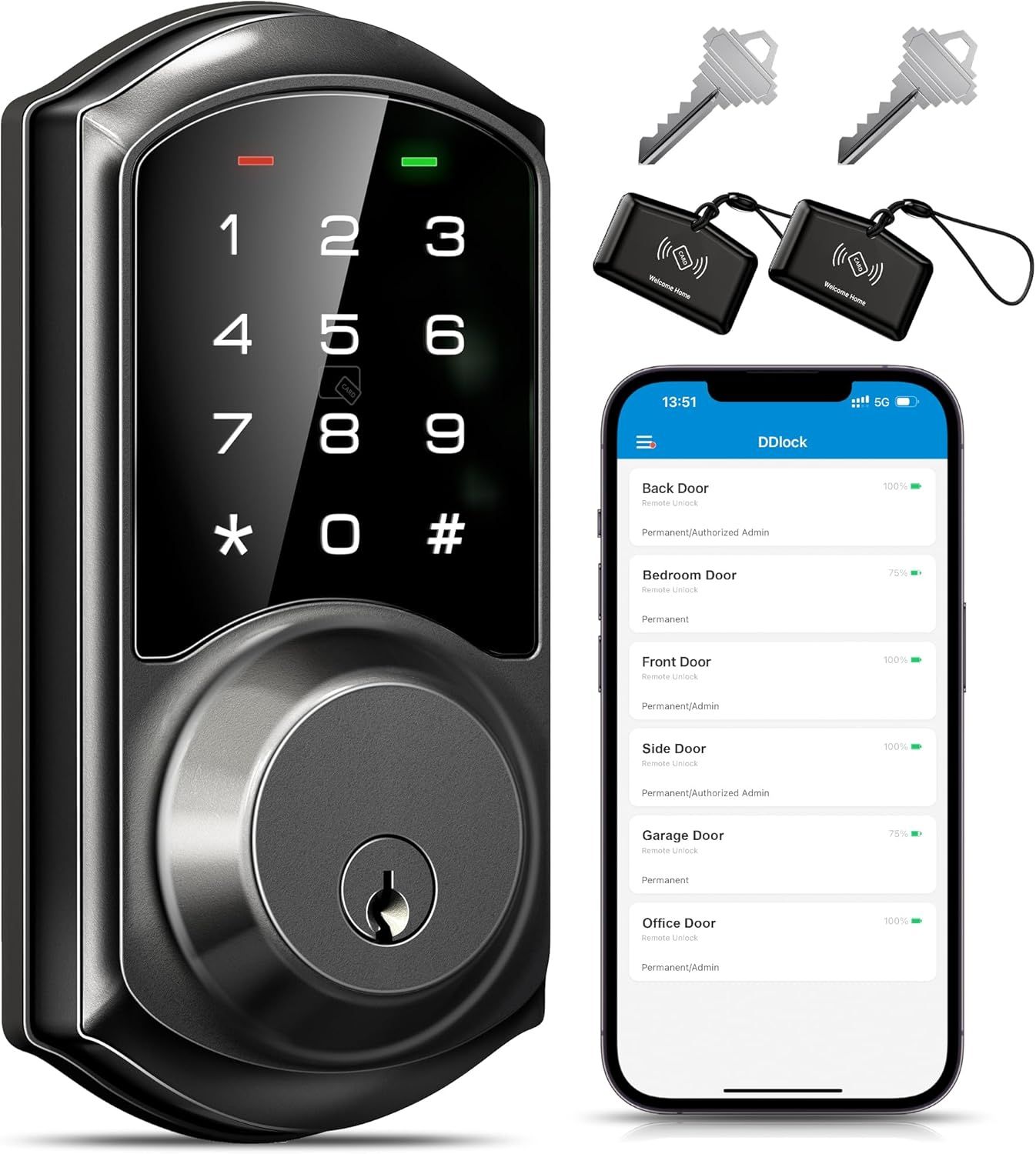 Smart Deadbolt Door Lock with App Control Keyless Entry (Matte Black)