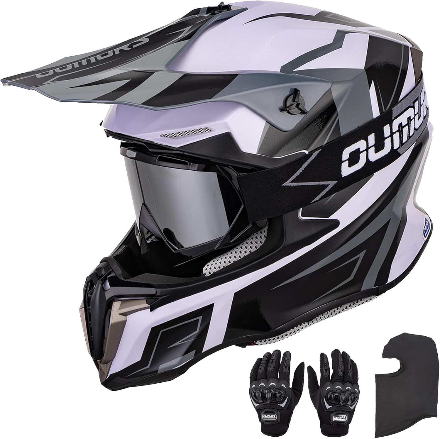 Adult ATV &amp; Dirt Bike Helmet with Gloves and Mask Sun Visor White/ Gray Color Size M