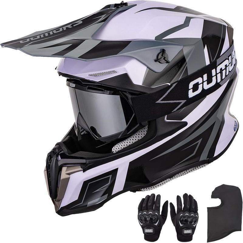 Adult ATV &amp; Dirt Bike Helmet with Gloves and Mask Sun Visor White/ Gray Color Size M