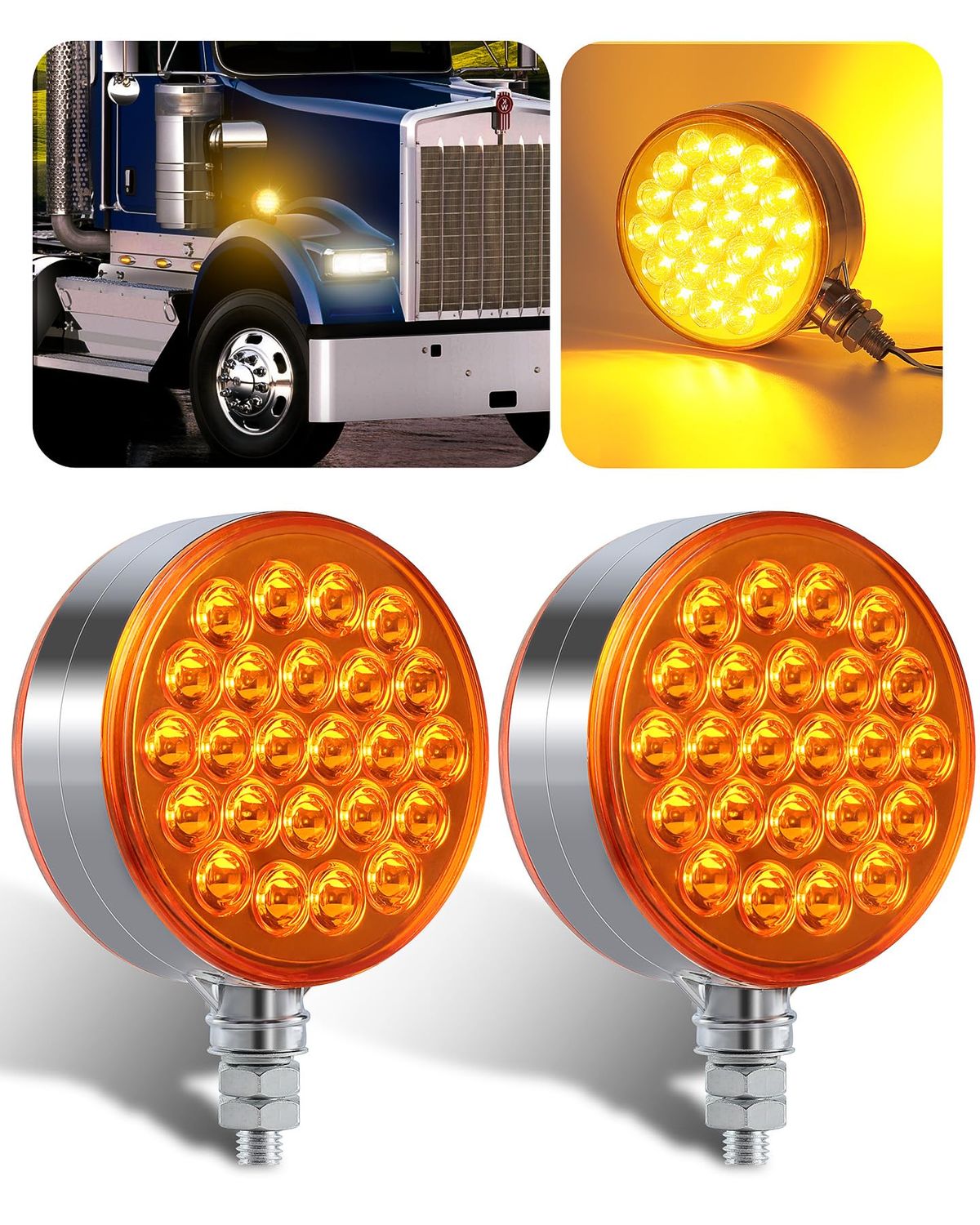 Premium 4 Inch Amber Round Double Face 48 LED Signal Lights for Heavy Vehicles