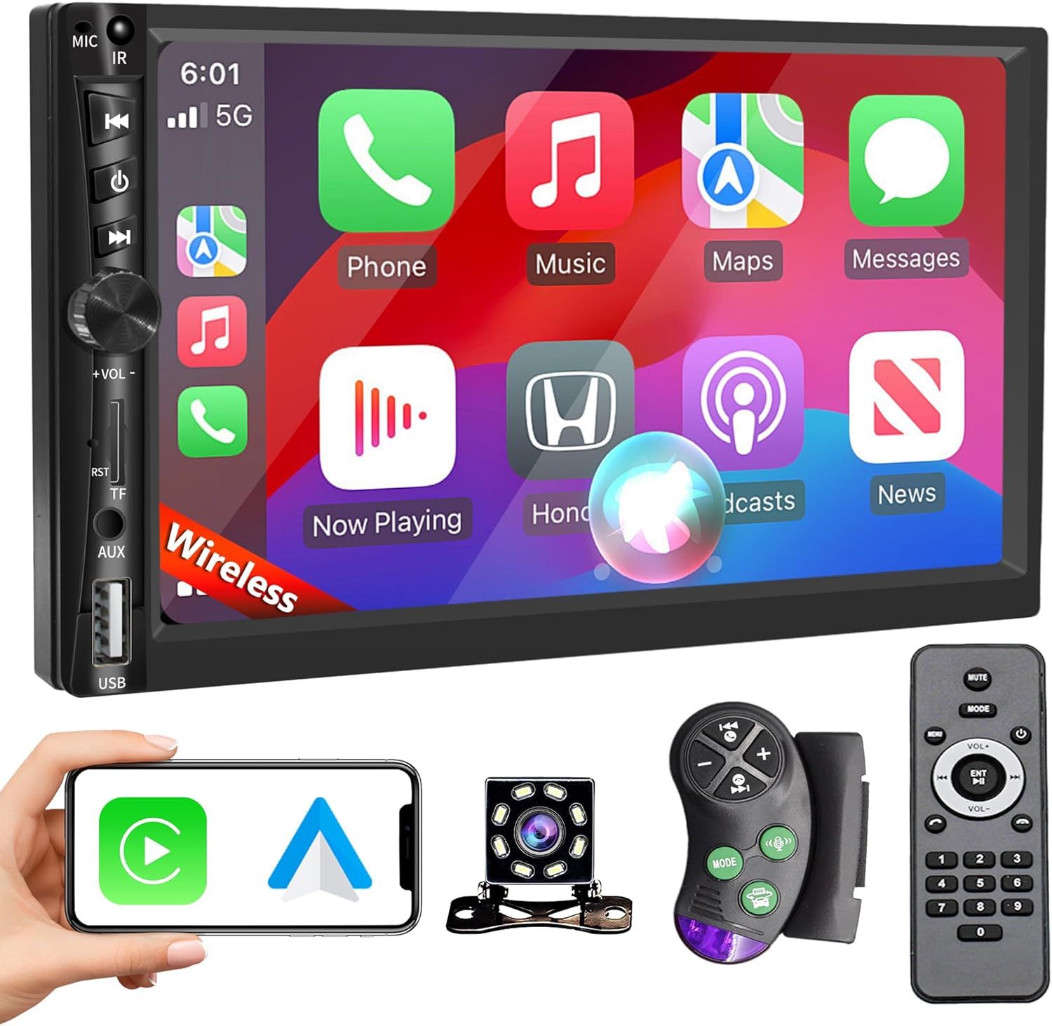 Double Din Car Stereo 7 Inch Touchscreen with Wireless CarPlay, Android Auto &amp; Backup Camera