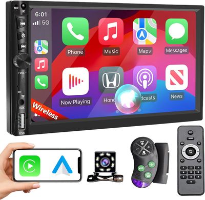 Double Din Car Stereo 7 Inch Touchscreen with Wireless CarPlay, Android Auto &amp; Backup Camera