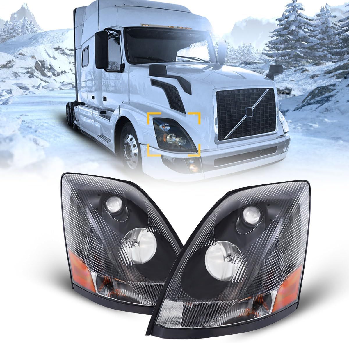 Volvo VNL 670 780 2004-2017 Semi Truck Headlights Pair Black Assembly Driver &amp; Passenger Side