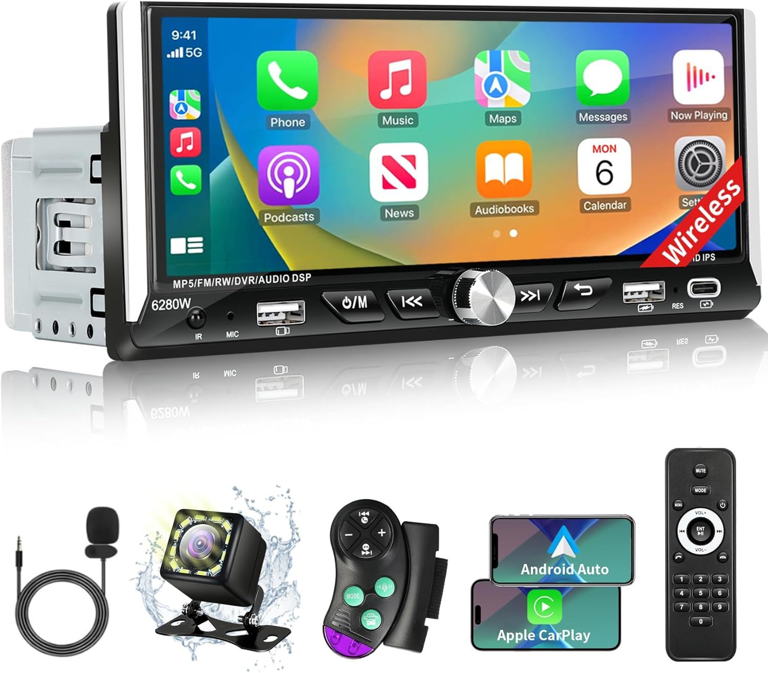 6.9 Inch Single Din Car Stereo Touchscreen with Wireless CarPlay, Android Auto &amp; Backup Camera