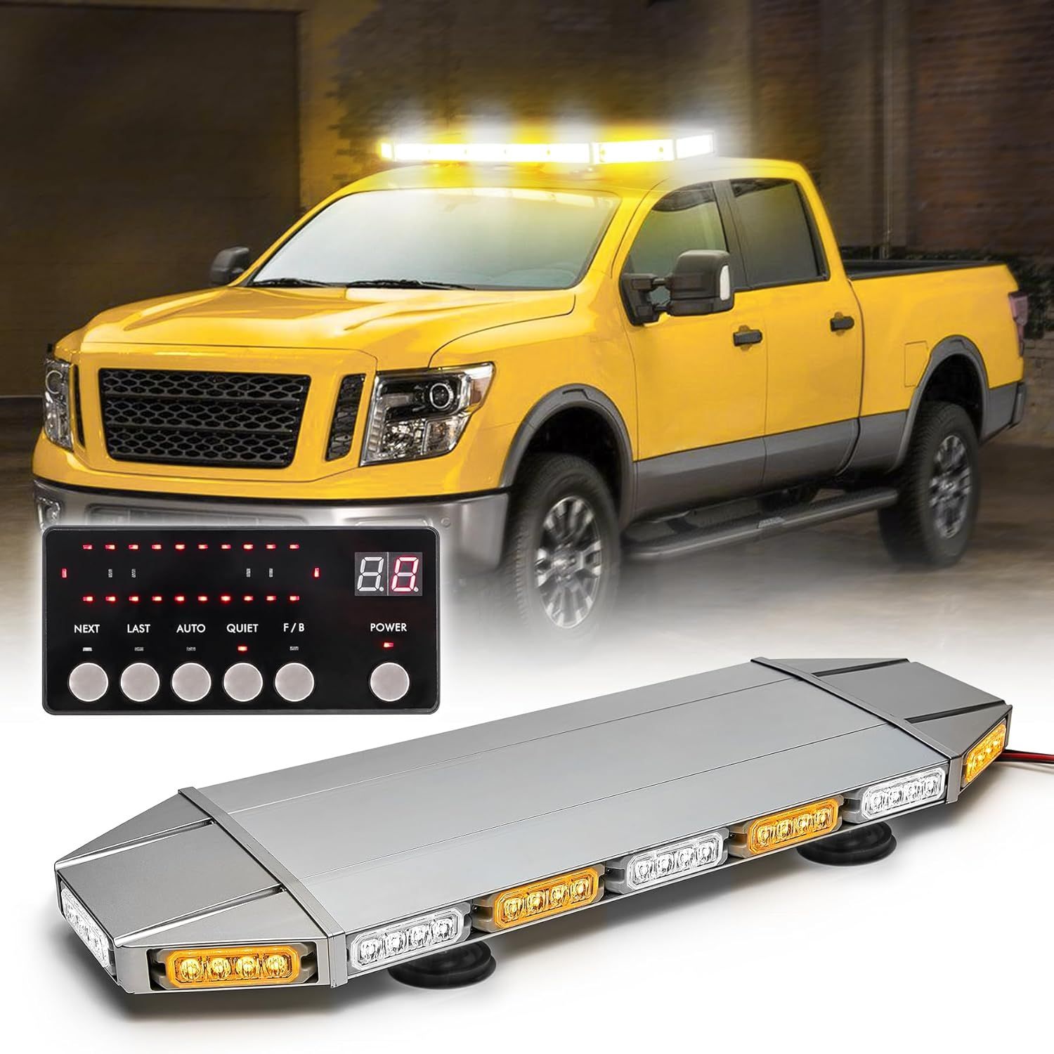 28 Inch LED Strobe Light Bar 64 LED Emergency Roof Warning Light for Tow Truck &amp; Pickup (Amber/White)