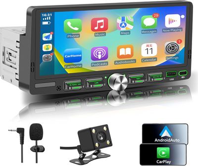 Single Din 6.9" Touchscreen Car Stereo with Wireless CarPlay, Android Auto &amp; Backup Camera