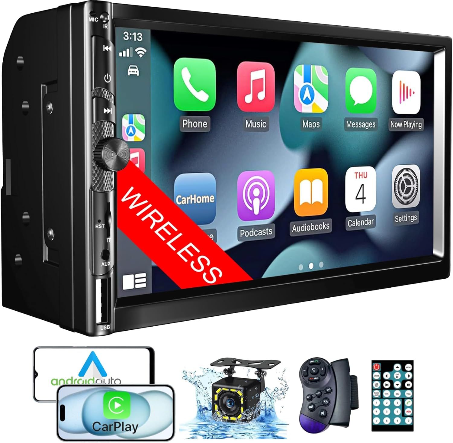 Double Din Touch Screen 7 Inch Stereo with Wireless CarPlay, Android Auto, GPS &amp; Backup Camera