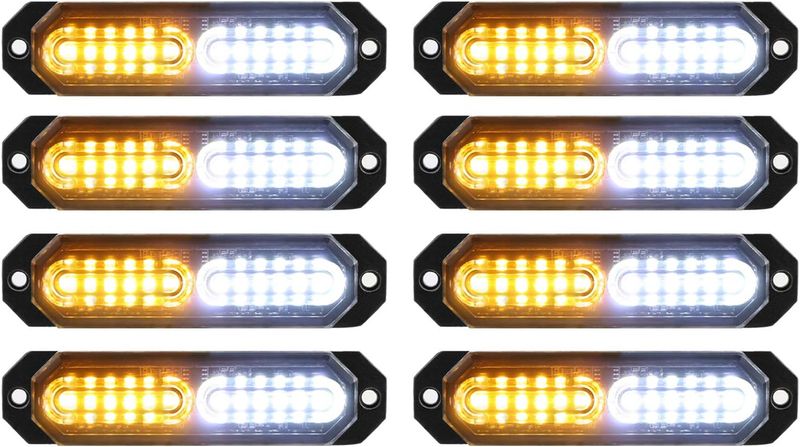 8pcs Ultra Slim LED Strobe Lights with Sync Feature for Trucks and Cars (Amber &amp; White)