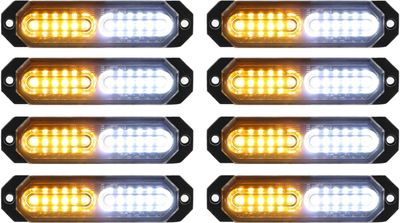8pcs Ultra Slim LED Strobe Lights with Sync Feature for Trucks and Cars (Amber &amp; White)