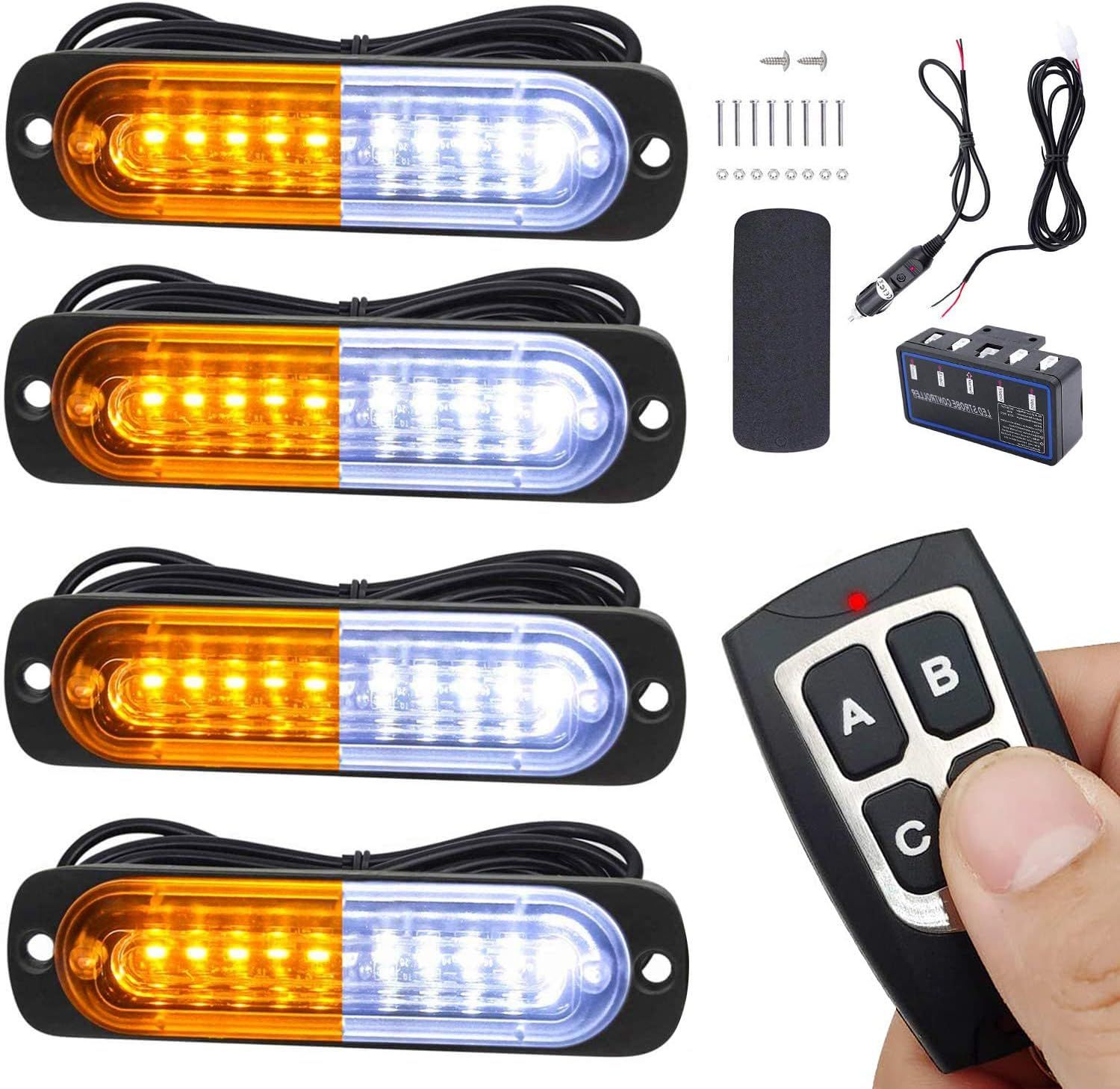 4pcs Ultra Slim LED Strobe Lights with Remote Control &amp; Sync Feature for Trucks and Cars (Amber &amp; White)