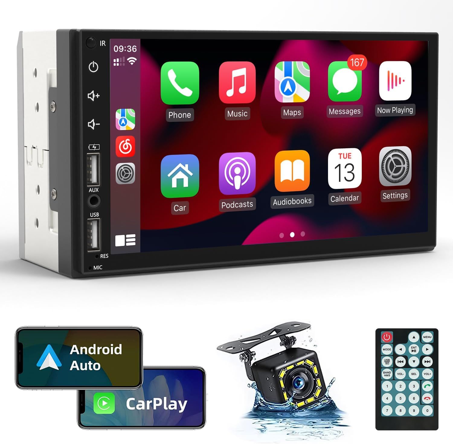 Double Din Car Stereo 7 inch Touchscreen with CarPlay, Android Auto Bluetooth, FM &amp; Backup Camera