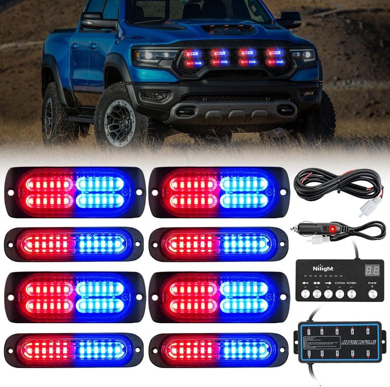 12V-24V LED Strobe Lights 8PCS Surface Mount Emergency Warning Red-Blue with Sync Controller