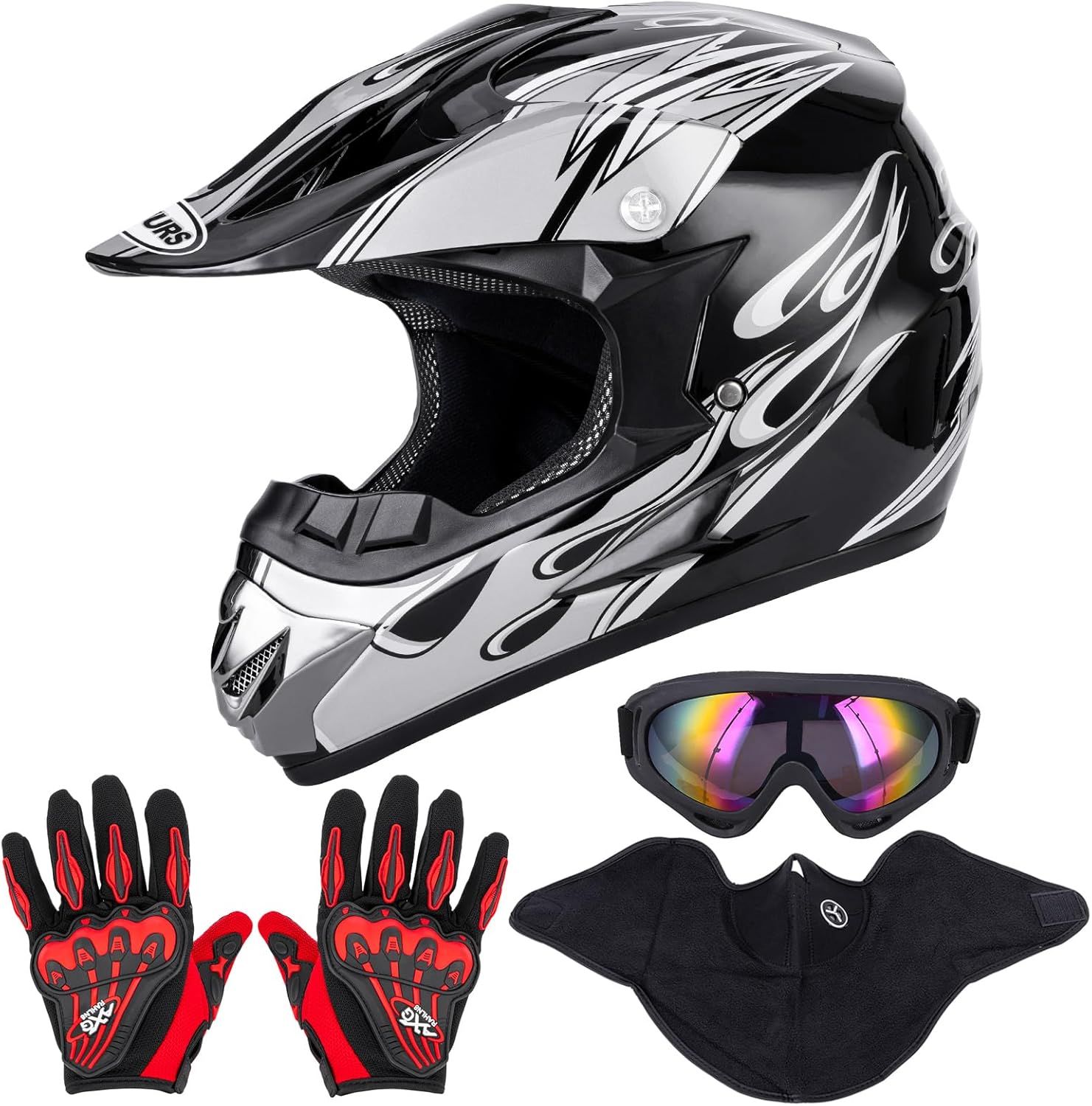 ATV Dirt Bike Helmet Adult Off Road for Motocross Helmet, Goggles, Gloves, Mask &amp; Sun Visor
