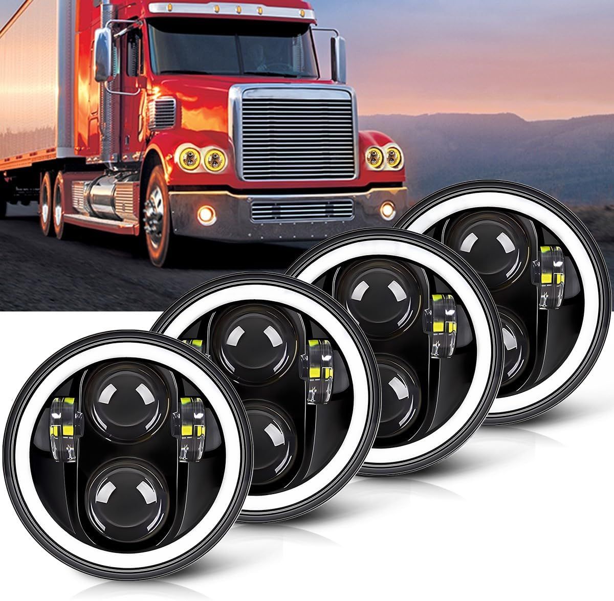 4PCS LED Headlight 5.75 Inch Amber Halo DRL Sealed Beam Light For Kenworth W900 &amp; Peterbilt 352