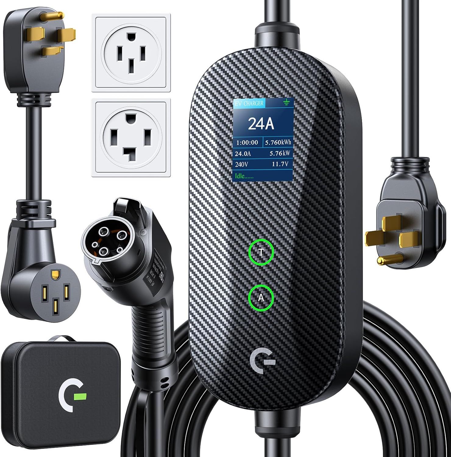 Fast Home EV Charger 24A Level 2 with 21FT Cable - J1772 Smart Display NEMA 14-30 14-50 Plug