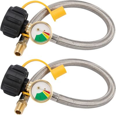 15 Inch RV Propane Hose 2 Pack Braided with Gauge QCC1 1/4 NPT 250 PSI Regulator